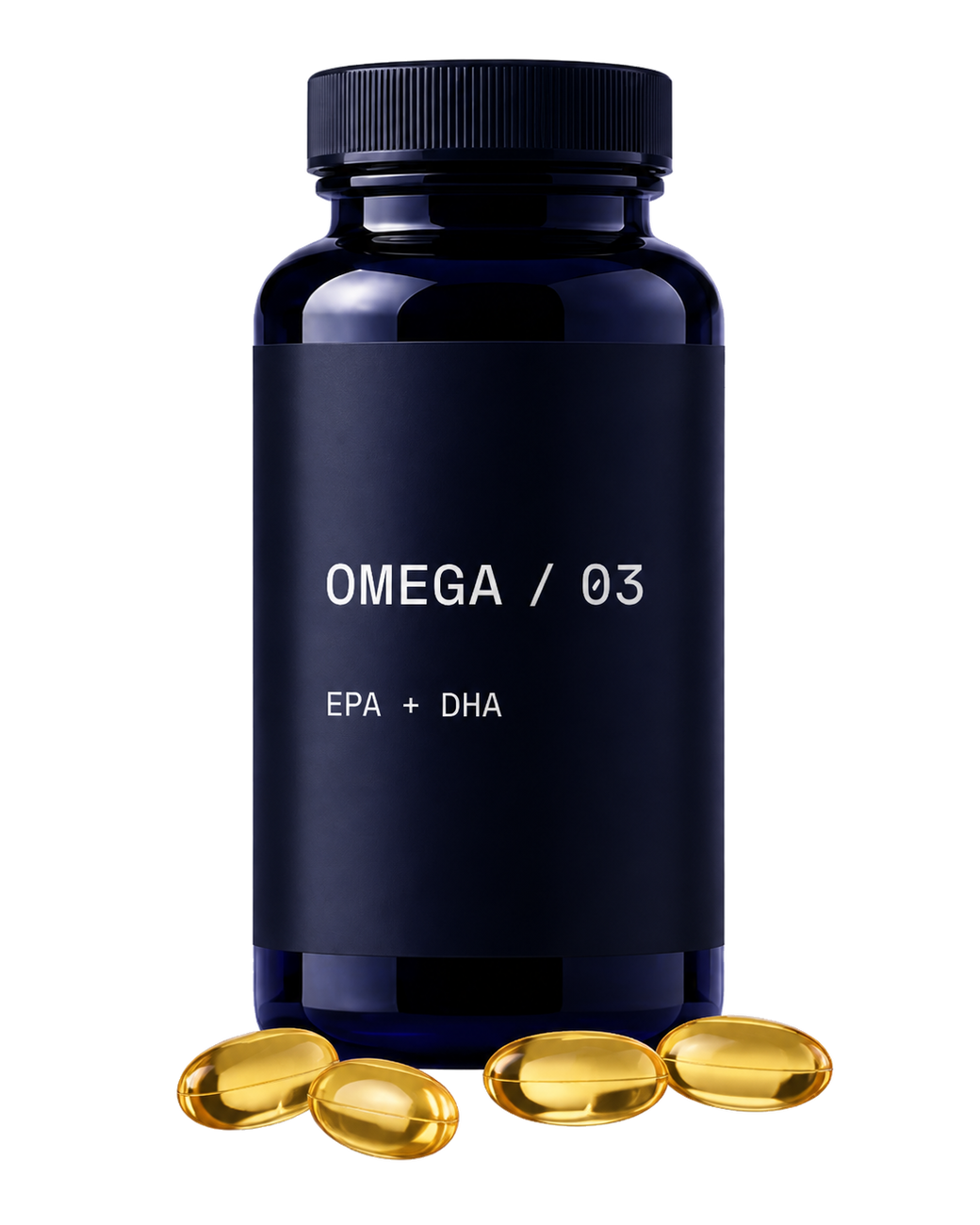 Dark OMEGA / 03 supplement bottle with translucent golden softgels